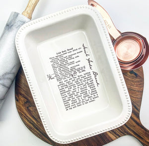 Customized, hand-written loaf pan with engraved family soda bread recipe.